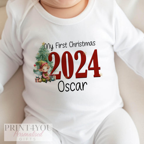 Personalized Babys First Christmas Cotton Set - T-shirt Bib Vest Sleepsuit 2024 Elf Design Newborn Gifts