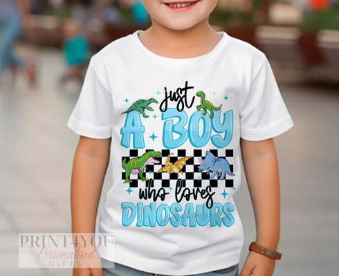 Children's White Cotton T-shirt -Just a Boy who Loves Dinosaurs, Retro design