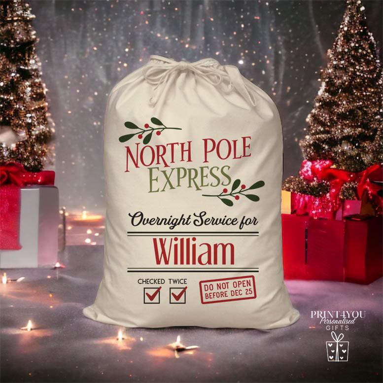 Personalised Christmas Santa Sack – North Pole Express Holiday Gift Bag