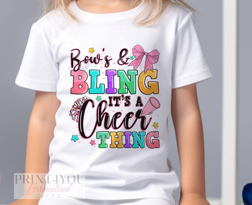 Children's White Cotton T-shirt - Bows and Bling it's a Cheerleader thing, Cheerleader t-shirt