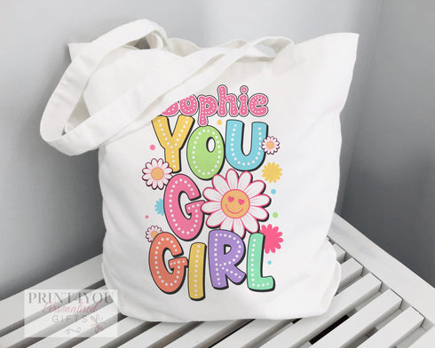 Personalised Positive Cotton Tote Bag | Reusable Shopping Bag | 100% White Cotton Bag | You Go Girl | Positivity Gift