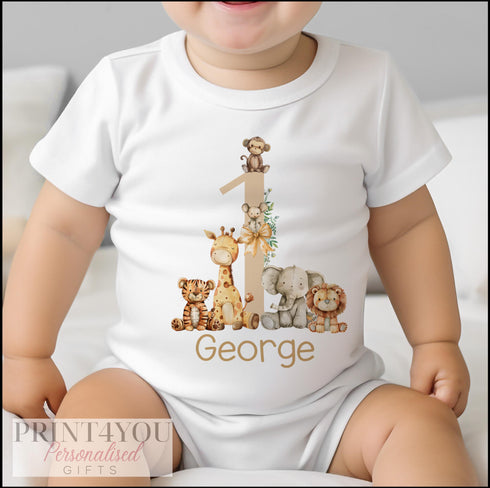 Personalised Safari First Birthday T-shirt, Sleepsuit, Vest or bib