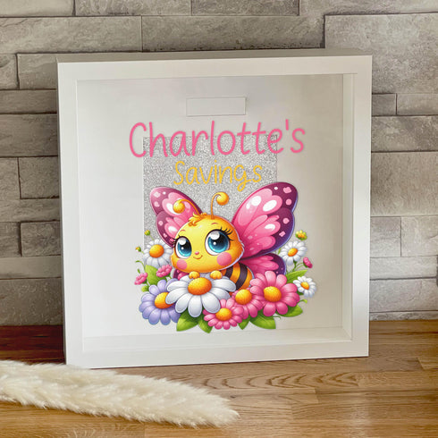 Personalised White Wooden Money Box Frame with Cute Butterfly Custom Name Savings Bank Ideal New Baby Gift