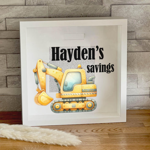 Personalised Wooden Money Box Frame with Custom Name Unique Savings Bank Gift for New Baby or Construction Digger Theme
