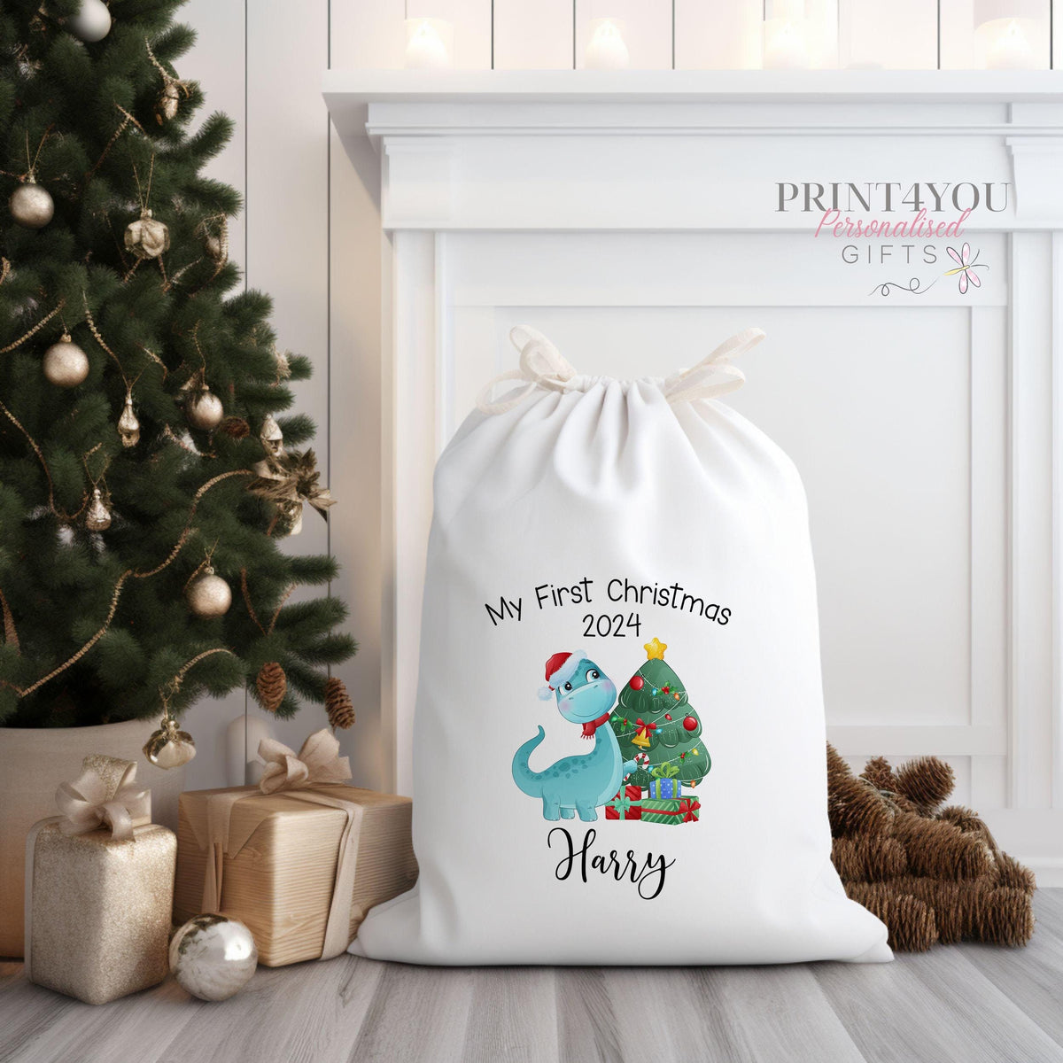 Personalised canvas Santa sack with custom name printed on the front