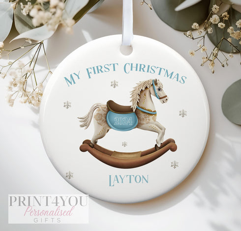 Baby's First Christmas Personalised ceramic bauble decoration - Blue Traditional Rocking Horse