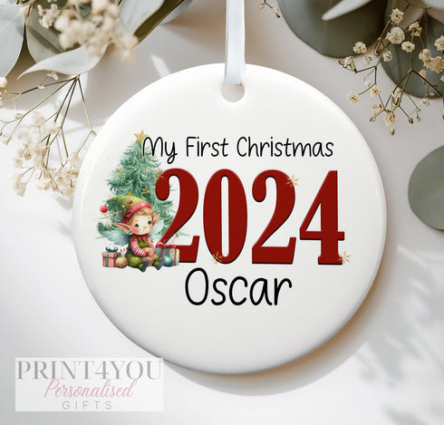 Personalised Christmas ceramic bauble decoration, Baby's First Christmas, Elf 2024,