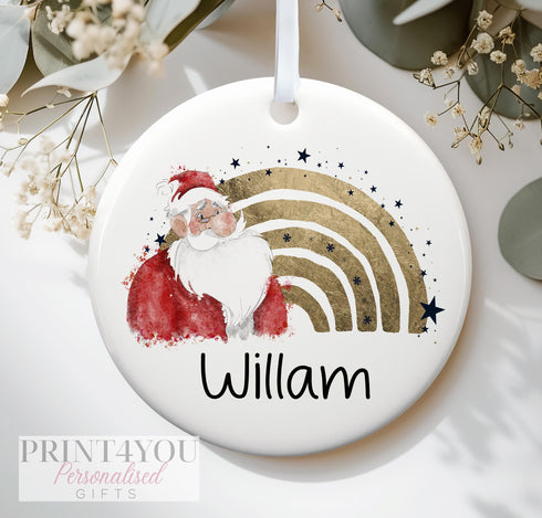 Personalised Christmas Ceramic bauble decoration, Baby's First Christmas, Gold Santa Rainbow, Father Christmas