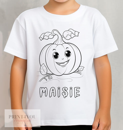 Personalised Halloween Colour In activity Kids T-shirt - with washable pens - Cute Pumpkin