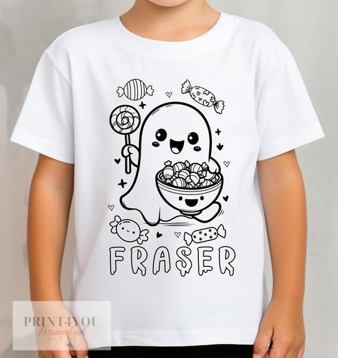 Personalised Halloween Colour In activity Kids T-shirt - with washable pens - Scary Ghost ND3