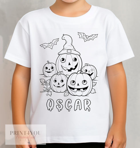 Personalised Halloween Colour In activity Kids T-shirt - with washable pens - Mixed Pumpkins