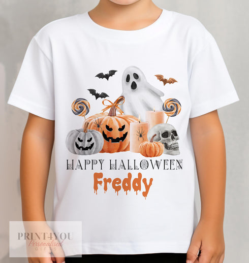 Personalised Halloween T-Shirt for Kids - Ghost Pumpkins and Candles Printed Cotton Tee - Spooky Graphic Shirt for Children
