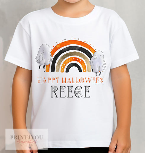 Personalised Halloween T-Shirt for Kids - Orange Ghost Rainbow Printed Cotton Tee - Spooky Graphic Shirt for Children