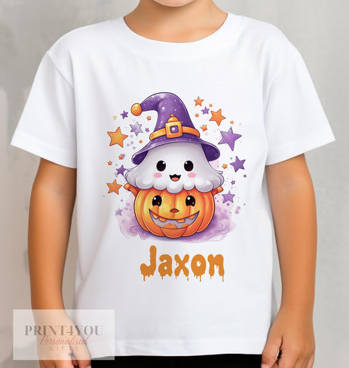 Personalised Halloween T-Shirt for Kids - Pumpkin and Ghost Printed Cotton Tee - Spooky Graphic Shirt for Children