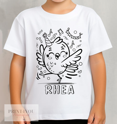 Personalised Birthday Party Bird Colour In activity Kids T-shirt - with washable pens