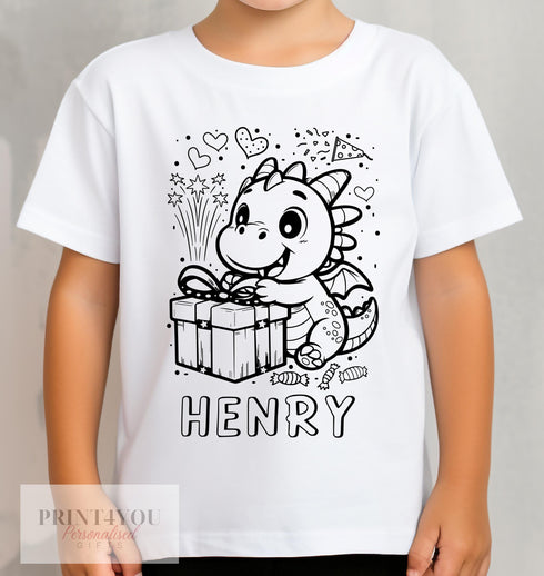 Personalised Birthday Party Dinosaur Colour In activity Kids T-shirt - with washable pens