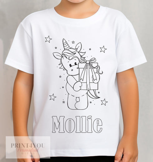 Personalised Unicorn Birthday Colour In activity Kids T-shirt - with washable pens