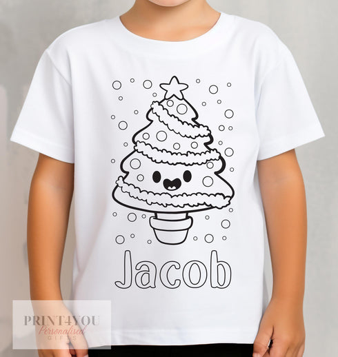 Personalised Christmas Tree Colour In activity Kids T-shirt - with washable pens - stocking fillers, Christmas Eve Box
