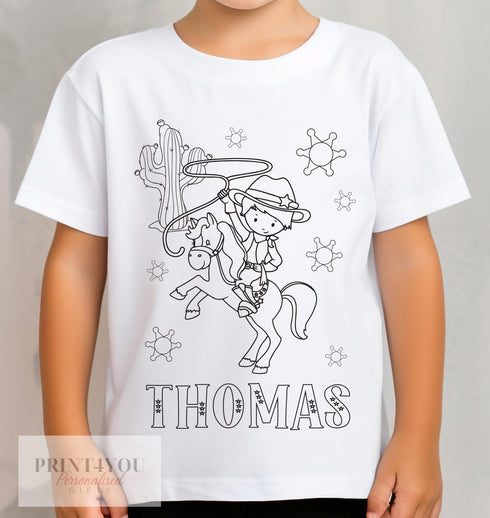 Personalised Cowboy Colour In activity Kids T-shirt - with washable pens