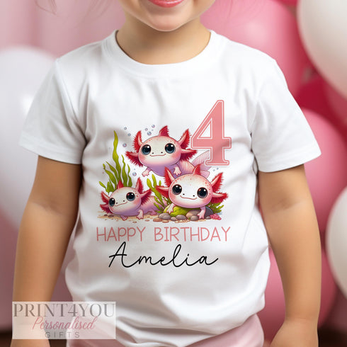 Personalised Axolotl Birthday T-Shirt ANY AGE - Cotton White Top, Any Age, Pink Axolotl Party Top