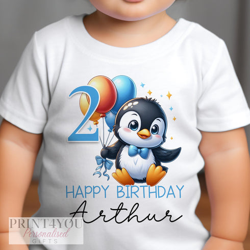 Personalised Boys Penguin Birthday T-Shirt ANY AGE - Cotton White Top, Any Age, Blue Boys Penguin Party Top