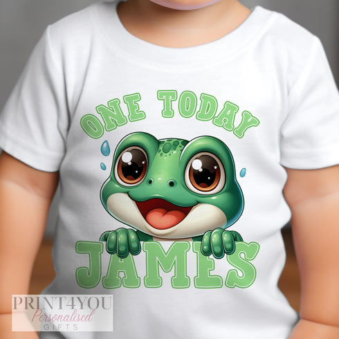 Personalised One Today Frog Birthday T-Shirt ANY AGE - Cotton White Top, Any Age, Green Frog Party Top