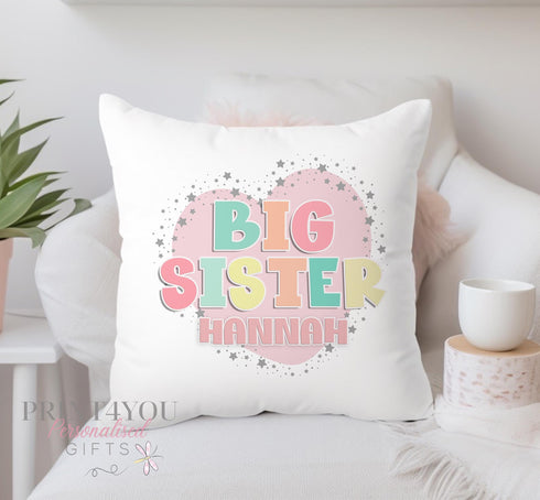 Personalised "Big Sister" Heart Cushion with Name - Super Soft Custom Pillow 40x40 cm - Includes Insert - Washable with Robust Zip