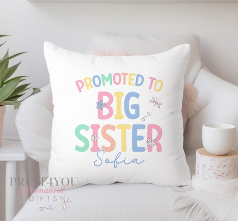 Personalised "Promoted to Big Sister" Cushion with Name - Super Soft Custom Pillow 40x40 cm - Includes Insert - Washable with Robust Zip