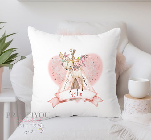 New Baby Personalised Cushion - Any Name | Pink Boho Deer | Gift for Baby | Pillow Gift