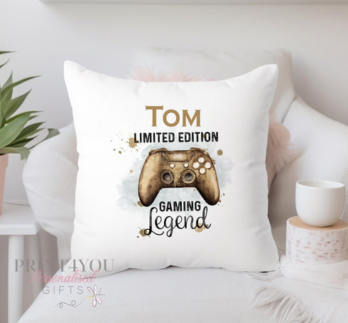 Personalised Cushion For Children - Any Name | Gold Gaming Controller | Gift for Boys | Pillow Gift