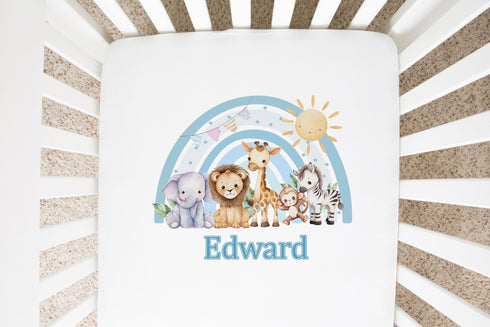 Personalised Cotton Cot Sheet, 100% Cotton, Cot or Cot Bed, Nursery décor, Babies Bedding, Blue Safari Rainbow