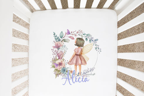 Personalised Cotton Cot Sheet, 100% Cotton, Cot or Cot Bed, Nursery décor, Babies Bedding, Fairy Wreath