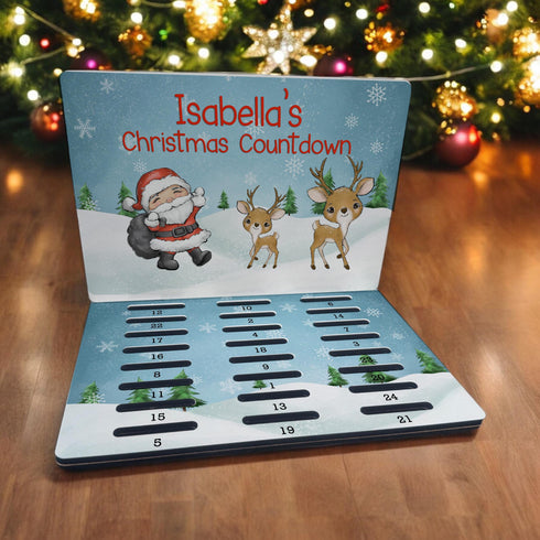 Personalised MDF Christmas Countdown Advent Calendar - A5 Size - Holds 24 Chocolate Coins - Printed with Festive Santa and Reindeer