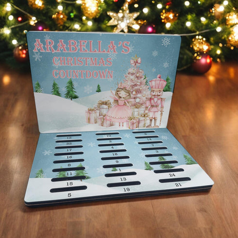 Personalised MDF Christmas Countdown Advent Calendar - A5 Size - Holds 24 Chocolate Coins - Pink Nutcracker Design