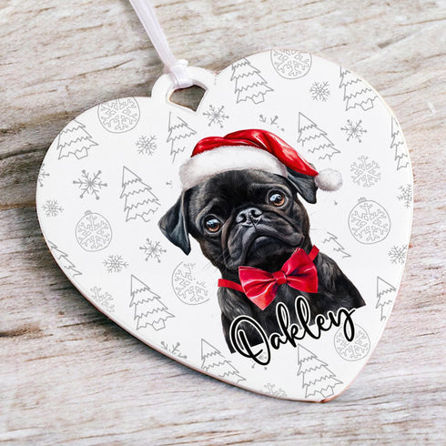Personalised Black Pug Christmas Decoration - Customisable Pet Ornament with Gift Box Option - Heart Shaped Keepsake