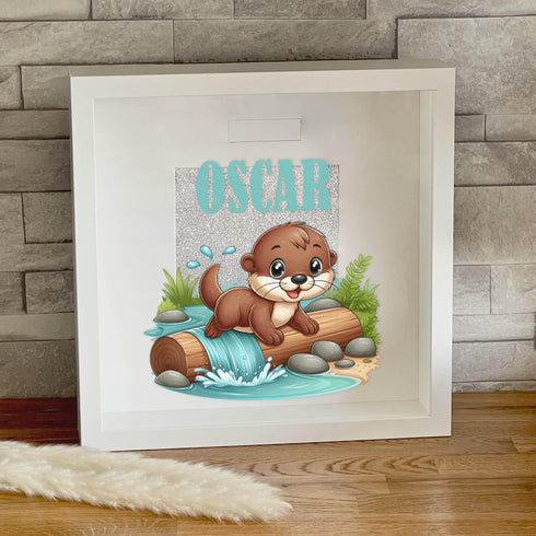 Personalised White Wooden Money Box Frame with Custom Name Baby Otter Savings Bank Perfect New Baby Gift Idea