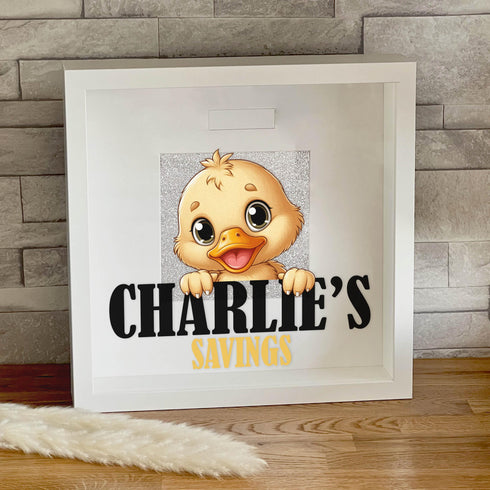 Personalised White Wooden Money Box Frame with Baby Duck Design - Custom Name Savings Bank Gift for New Baby