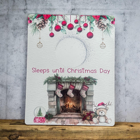 Christmas Countdown Board, aluminium wipe clean, Reindeer Bear and Fireplace Design