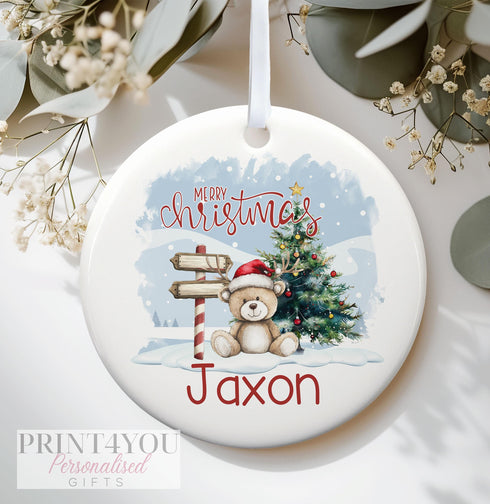 Personalised Christmas Ceramic bauble decoration, Reindeer Teddy bear Merry Christmas, Baby's First Christmas,