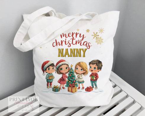 Customisable Grandchildren Cotton Tote Bag Merry Christmas Eco-Friendly Reusable Shopping Bag