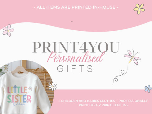 a white shirt with a pink flower on it and the words print4you personal
