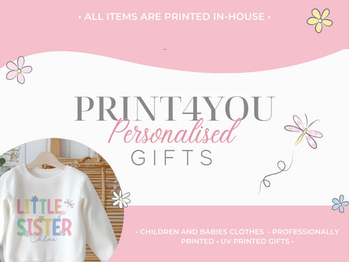 a white shirt with a pink flower on it and the words print4you personal