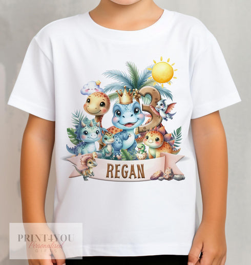 Personalised Dinosaur Birthday T-Shirt ANY AGE - Cotton White Top, Any Age, Dino Trex Party Top