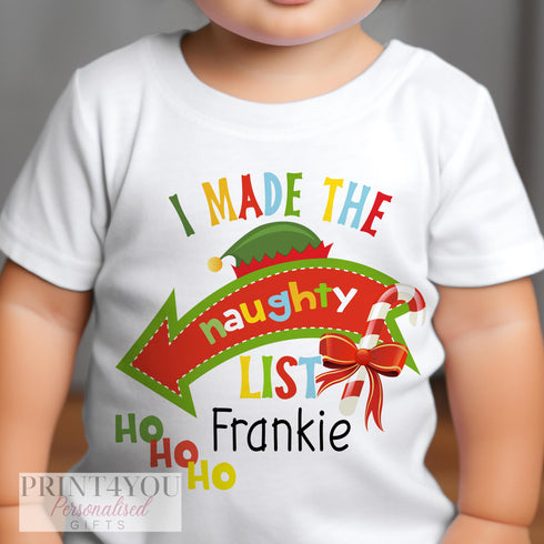 Personalised Children's Christmas T-Shirt - Exclusive Design, I made the Naughty list, Joke gifts for kids