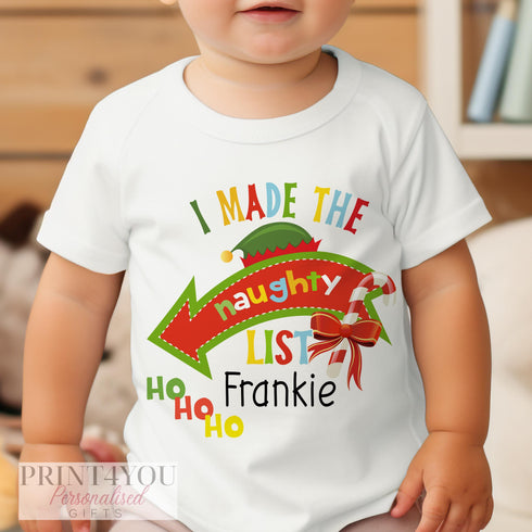 Personalised Children's Christmas T-Shirt - Exclusive Design, I made the Naughty list, Joke gifts for kids