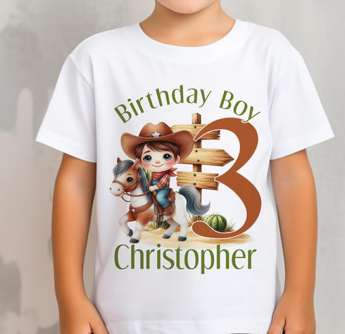 Personalised Cowboy Birthday T-Shirt ANY AGE - Cotton White Top, Any Age, Cowboy Western Horse Party Top