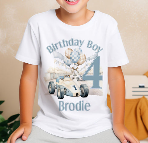 Personalised Cowboy Birthday T-Shirt ANY AGE - Cotton White Top, Any Age, Racing Car Party Top