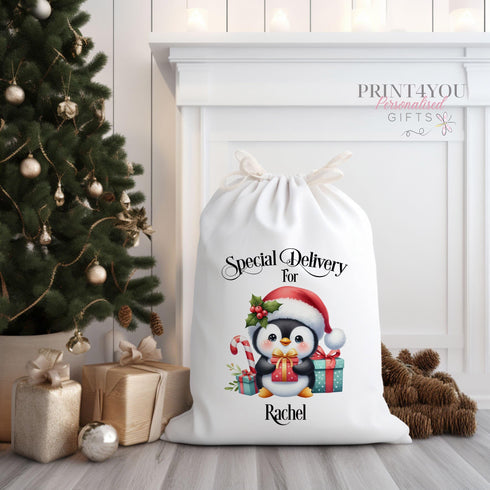 personalised Santa Sack, Xmas Toy Sack, Gift from Santa - Special Christmas Express Delivery, With Penguin