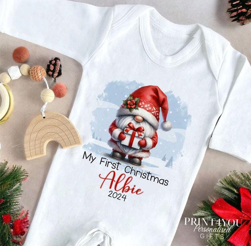 Baby's First Christmas Personalised Bib, Vest and Sleepsuit Cotton Set - Perfect for New baby Gift, Santa Xmas Gnome