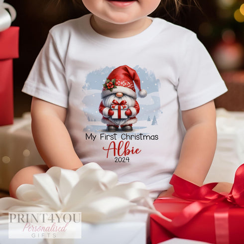 Baby's First Christmas Personalised Bib, Vest and Sleepsuit Cotton Set - Perfect for New baby Gift, Santa Xmas Gnome